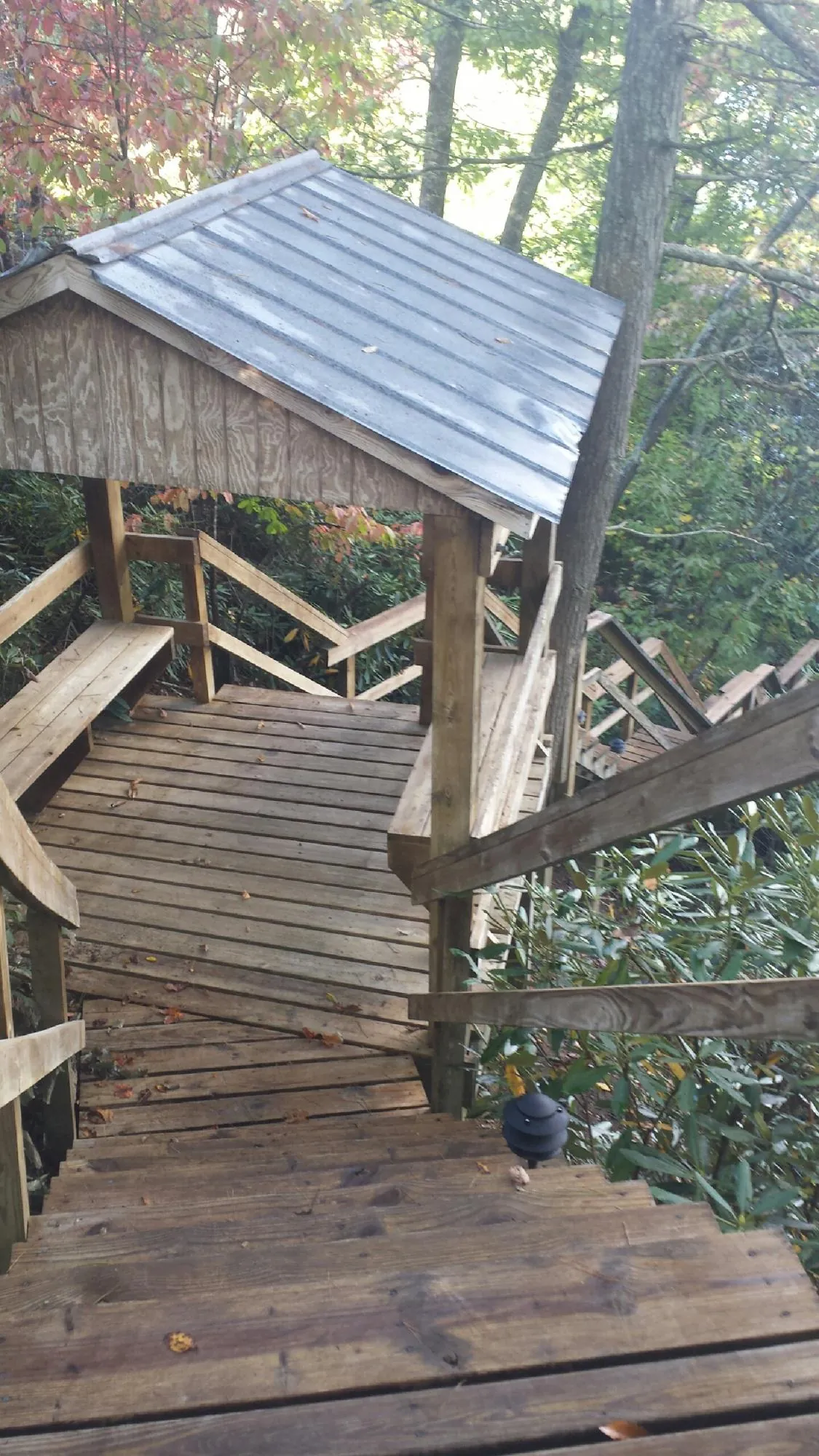 Metal roofed shelter over wooden steps on a wooded walkway — Skylight Repair & Installation work by our crew in Left Hand